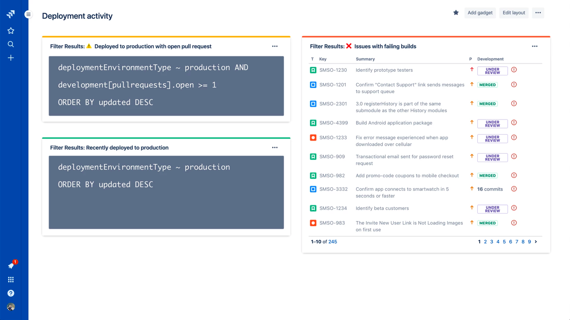 Build powerful views into your development pipeline with support for JQL.